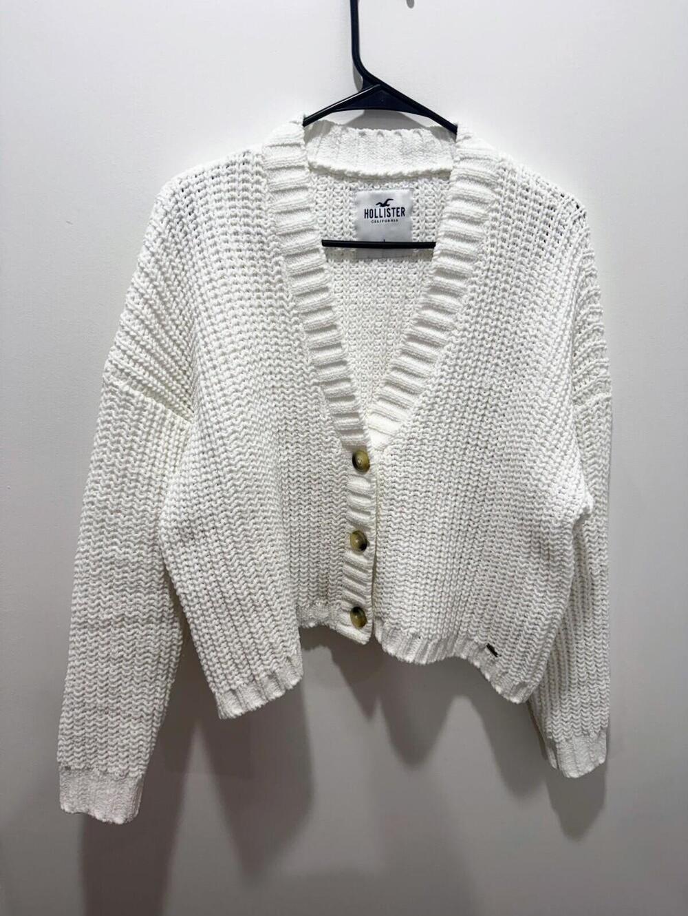 Hollister White Chunky Knit Cardigan Sweater Womens Large Button Front Cozy